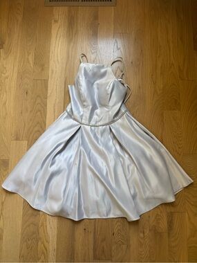 B. Darlin Dillard’s Silver Satin Fit & Flare Dress Rhinestone Waist Size 3/4